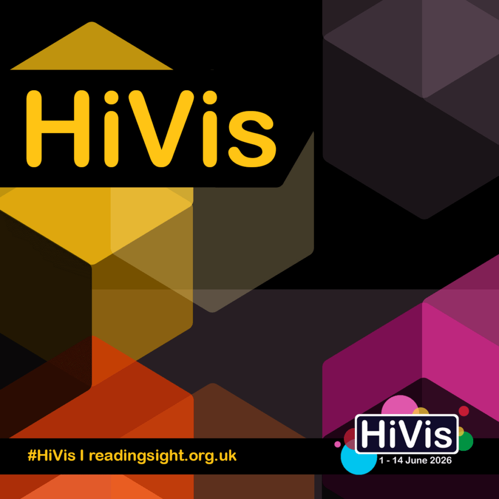 HiVis 2026 square social media template featuring a dark background with overlapping amber and burgundy hexagonal shapes. The 'HiVis' logo is at the top left in yellow, with the event website and dates (1-14 June 2026) displayed in a footer at the bottom.