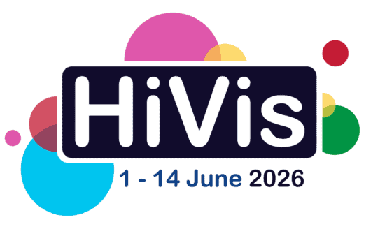 Logo featuring 'HiVis' in white text on a dark blue rectangle, surrounded by colourful, overlapping abstract circles in vibrant shades of blue, red, yellow, pink, and green of various sizes on a white background. The date range '1 - 14 June 2026' in blue text is included beneath the rectangle. Logo with 'HiVis' in white text on a dark blue rectangle, surrounded by colourful abstract circles on a white background. The date range '1 - 14 June 2026' in blue text is below the rectangle.