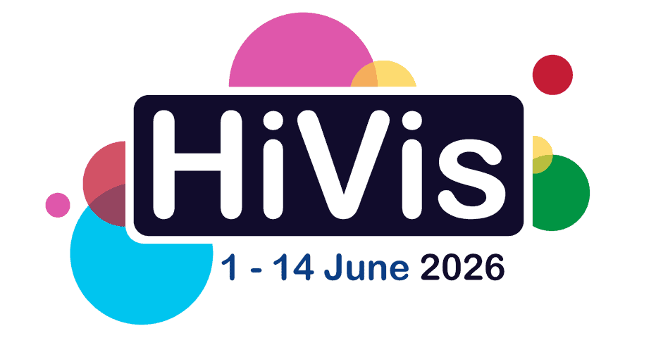 Logo featuring 'HiVis' in white text on a dark blue rectangle, surrounded by colourful, overlapping abstract circles in vibrant shades of blue, red, yellow, pink, and green of various sizes on a white background. The date range '1 - 14 June 2026' in blue text is included beneath the rectangle. Logo with 'HiVis' in white text on a dark blue rectangle, surrounded by colourful abstract circles on a white background. The date range '1 - 14 June 2026' in blue text is below the rectangle.