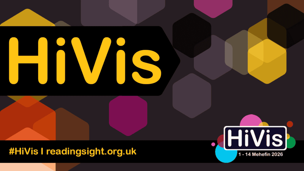 HiVis 2026 landscape banner template with a dark geometric design of overlapping hexagons. The 'HiVis' logo is prominent on the left, with the #HiVis hashtag and website in a footer, and the event logo and dates positioned in the bottom right corner.